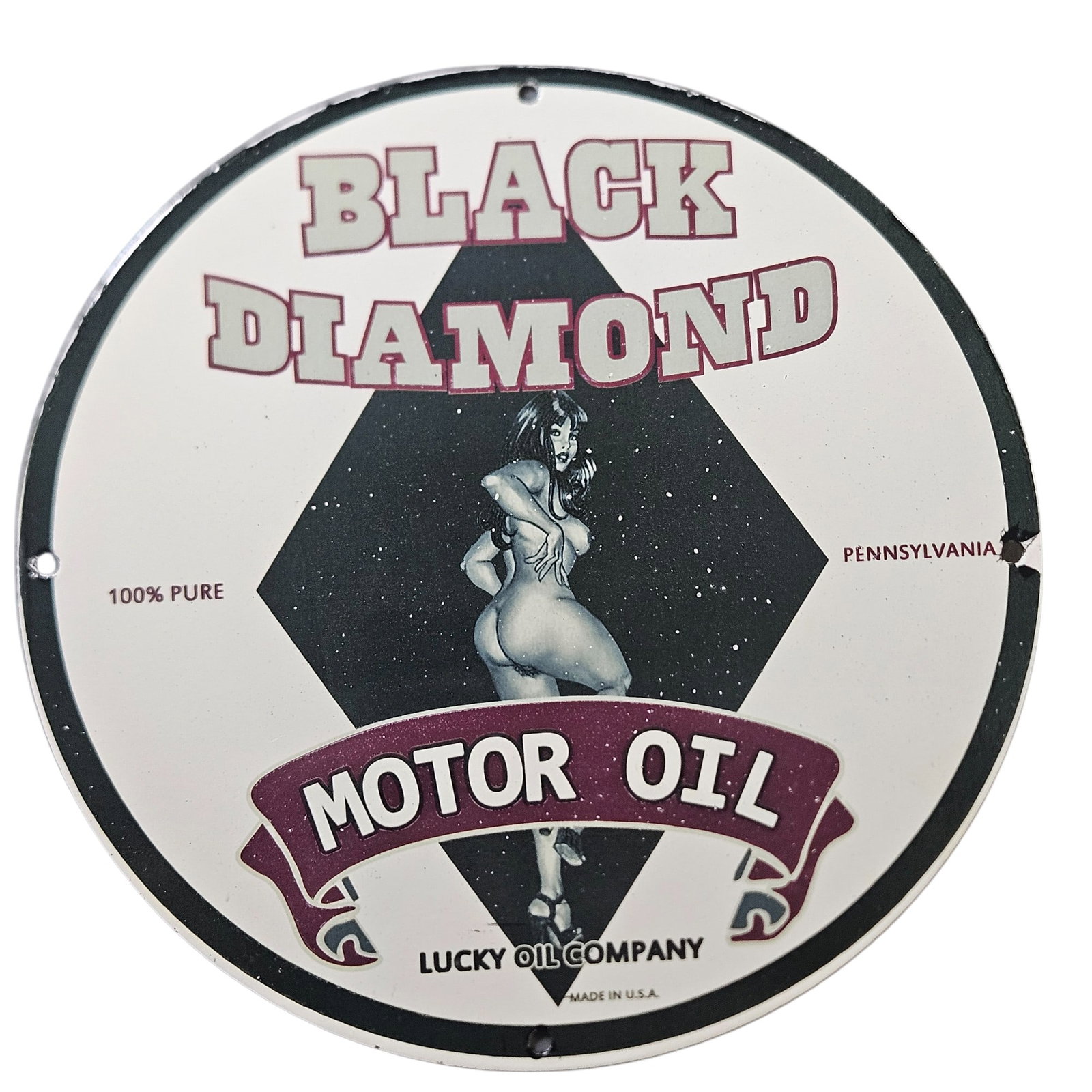 27. Vintage Black Diamond Motor Oil Porcelain Sign - Collectible Art Deco Style: Discover a piece of nostalgia with the Vintage Black Diamond Motor Oil Porcelain Sign, a unique collectible that captures the essence of classic Americana. This striking sign, featuring a bold Art Dec