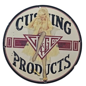 29. Vintage Cushing Products Porcelain Sign Featuring Classic Pin-Up Art (1941)