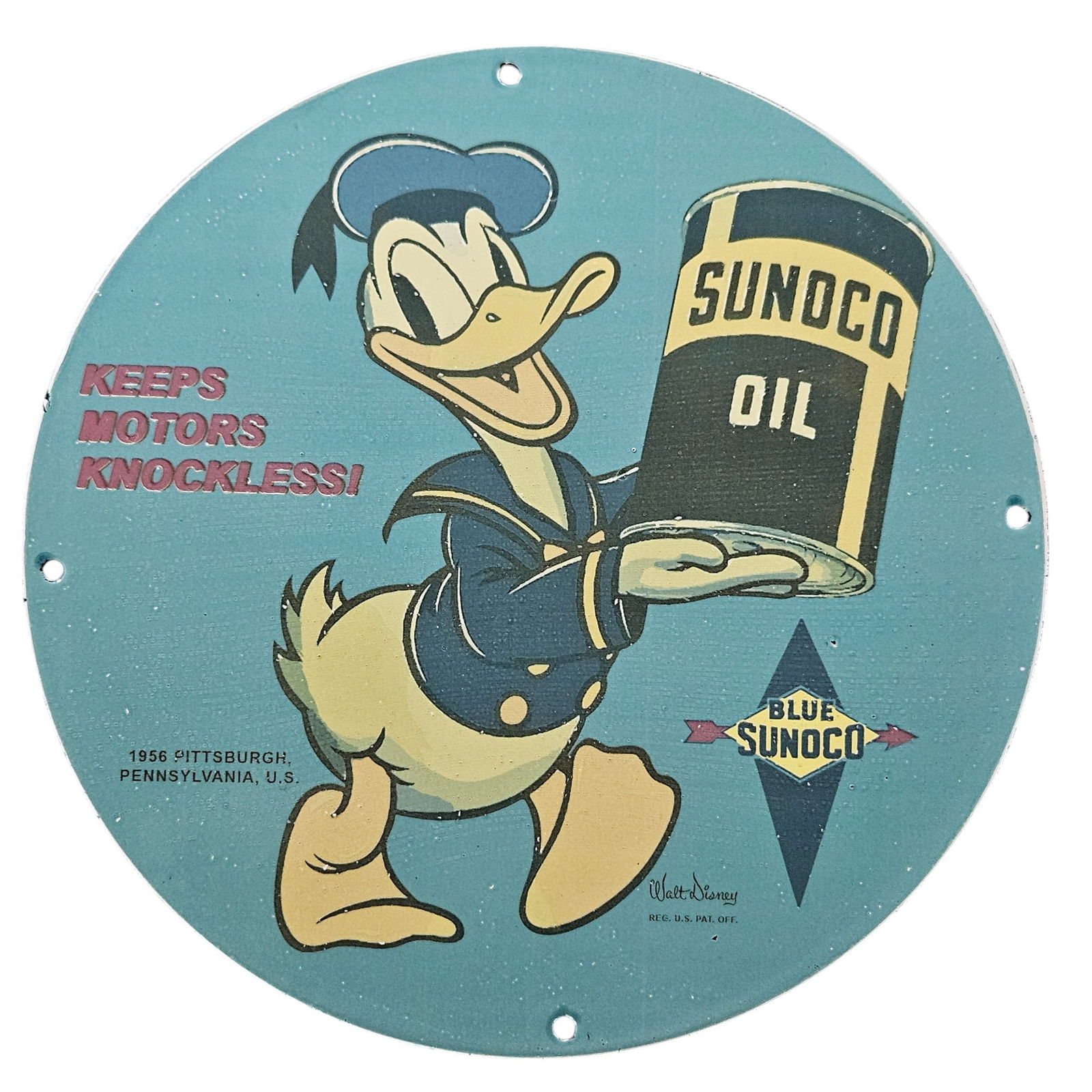 35. Vintage Sunoco Oil Porcelain Sign Featuring Donald Duck - Keeps Motors Knockless! (1 of 2)