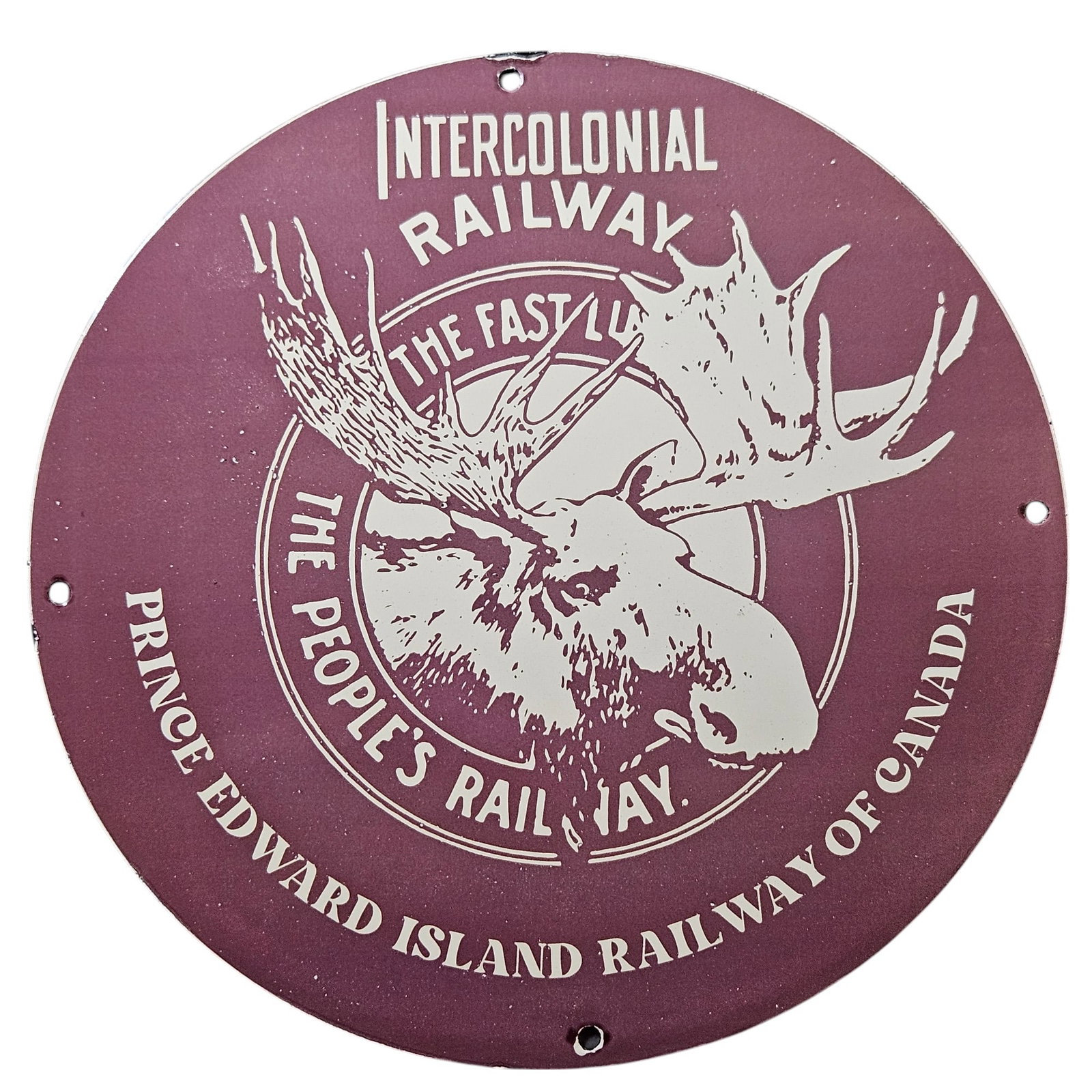 37. Vintage Porcelain Sign of the Intercolonial Railway - Prince Edward Island: This stunning vintage porcelain sign from the Intercolonial Railway of Canada captures the rich history of rail travel in Prince Edward Island and beyond. Measuring a striking diameter and featuring a