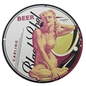 45. Vintage Carling Black Label Beer Porcelain Sign - Iconic Art Deco Design