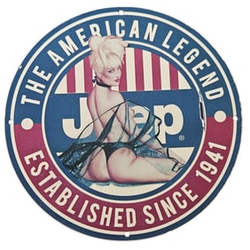 46. Vintage Jeep Porcelain Sign Featuring Iconic Pin-Up Design - Established Since 1941