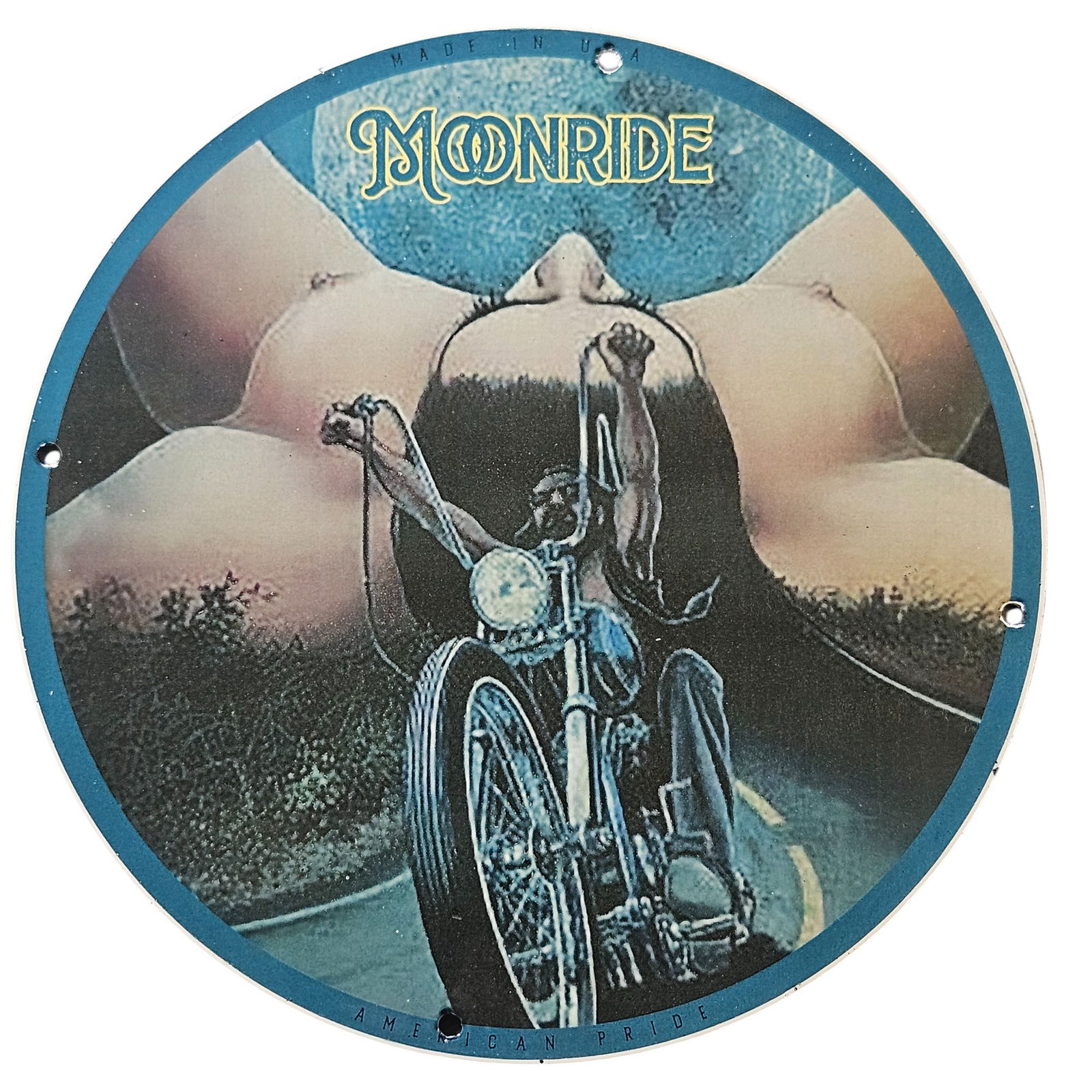 49. Moonride Porcelain Sign - Vintage Motorcycle Art for Bikers and Collectors: The 'Moonride' porcelain sign is a striking collectible piece that captures the essence of freedom, adventure, and the open road. With a unique design that features a biker on a classic motorcycle, th