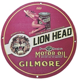 52. Rare 1930 Gilmore Lion Head Motor Oil Porcelain Sign - Vintage Oil Advertising Collectible