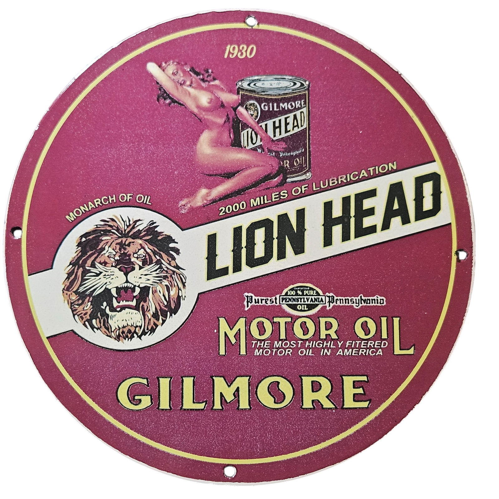 52. Rare 1930 Gilmore Lion Head Motor Oil Porcelain Sign - Vintage Oil Advertising Collectible (1 of 2)