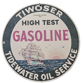 56. Vintage 1936 Tiwoosser High Test Gasoline Porcelain Sign - Tidewater Oil Service