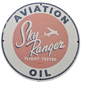 58. Vintage Sky Ranger Aviation Oil Porcelain Sign - Flight Tested Collector's Item