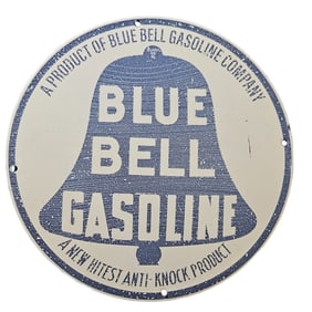 60. Vintage Blue Bell Gasoline Porcelain Sign - A Collector's Gem for Petroliana Enthusiasts