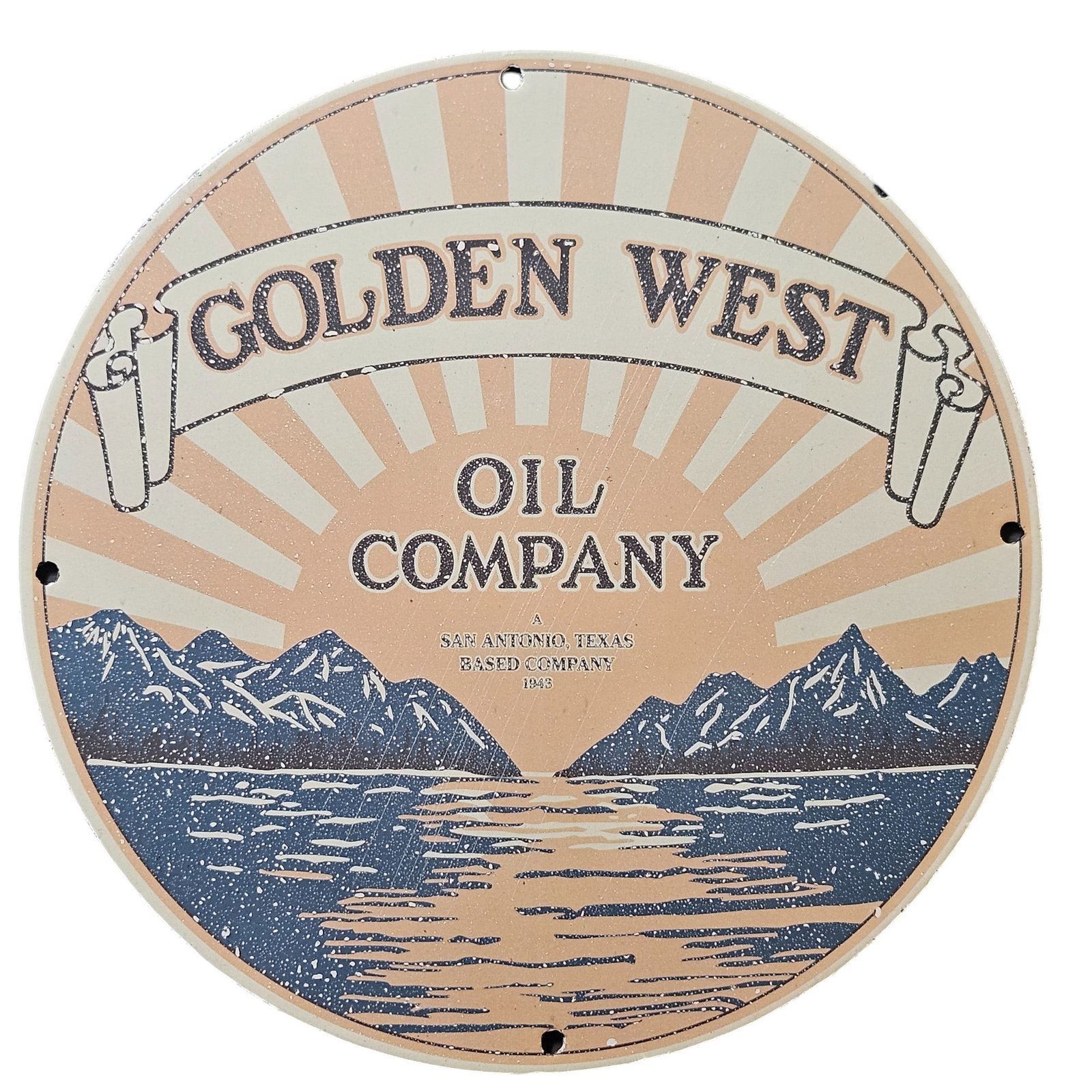 61. Vintage Golden West Oil Company Porcelain Sign - San Antonio, Texas (1943): Discover a stunning piece of Americana with this vintage porcelain sign from the Golden West Oil Company, a notable name in the oil industry based in San Antonio, Texas, from 1943. This beautifully cr
