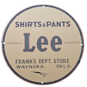 65. Vintage Porcelain Sign: Lee Shirts & Pants - Frank's Dept. Store - Waynoka, OK