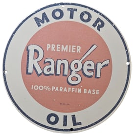 66. Vintage Ranger Motor Oil Porcelain Sign - Premier 100% Paraffin Base - Classic Collectible