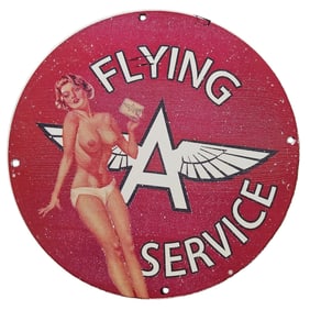68. Vintage Porcelain Flying Service Sign with Classic Pin-Up Girl Art