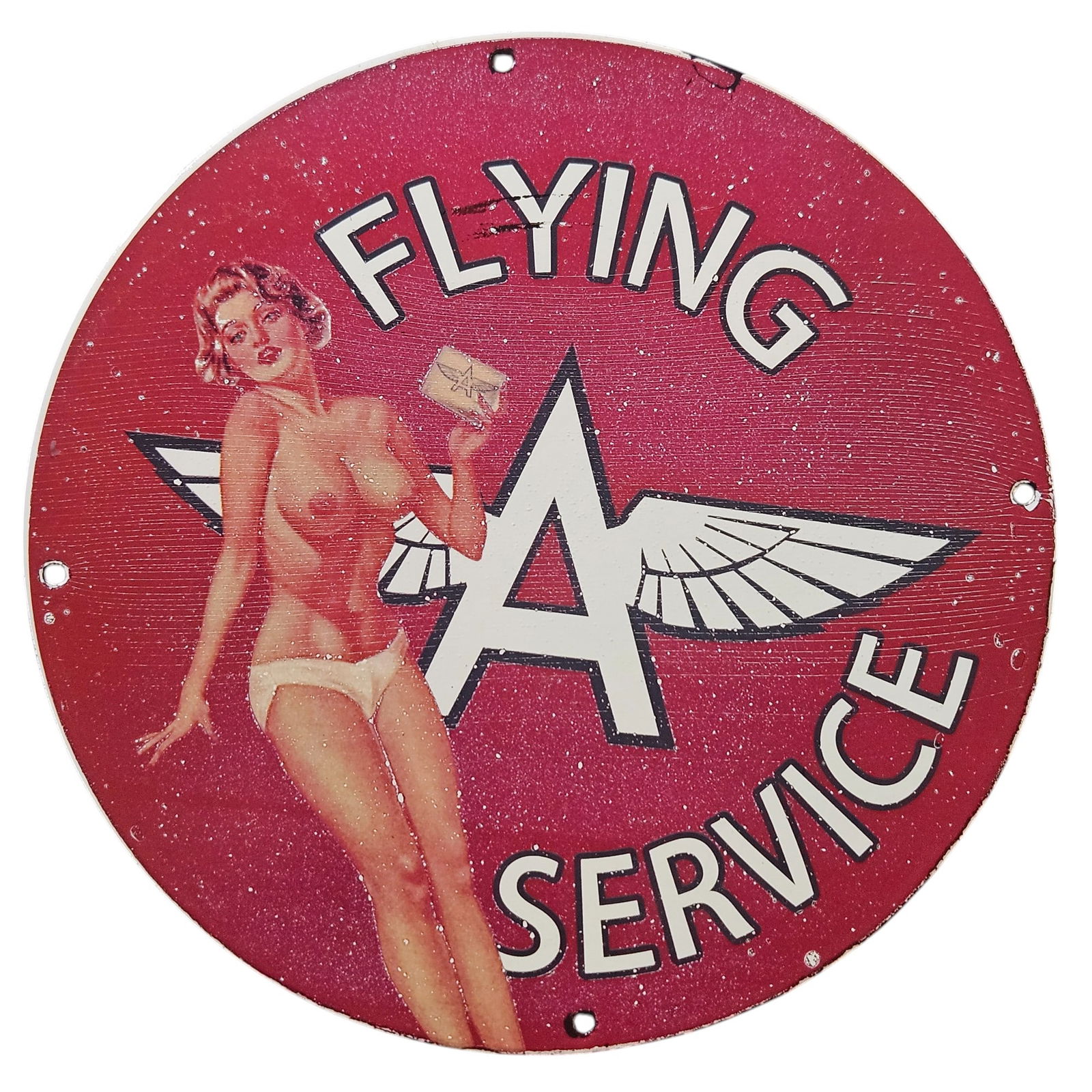 68. Vintage Porcelain Flying Service Sign with Classic Pin-Up Girl Art (1 of 2)
