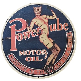 70. Vintage Powerube Motor Oil Porcelain Sign - Unique Collector's Item with Tiger Motif