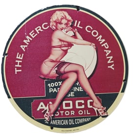 71. Vintage 1933 American Oil Company Porcelain Sign with Glamorous Pin-Up Art