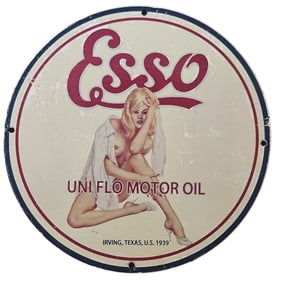 72. Vintage Esso Porcelain Sign Featuring Uni Flo Motor Oil - 1939 Collectible Art