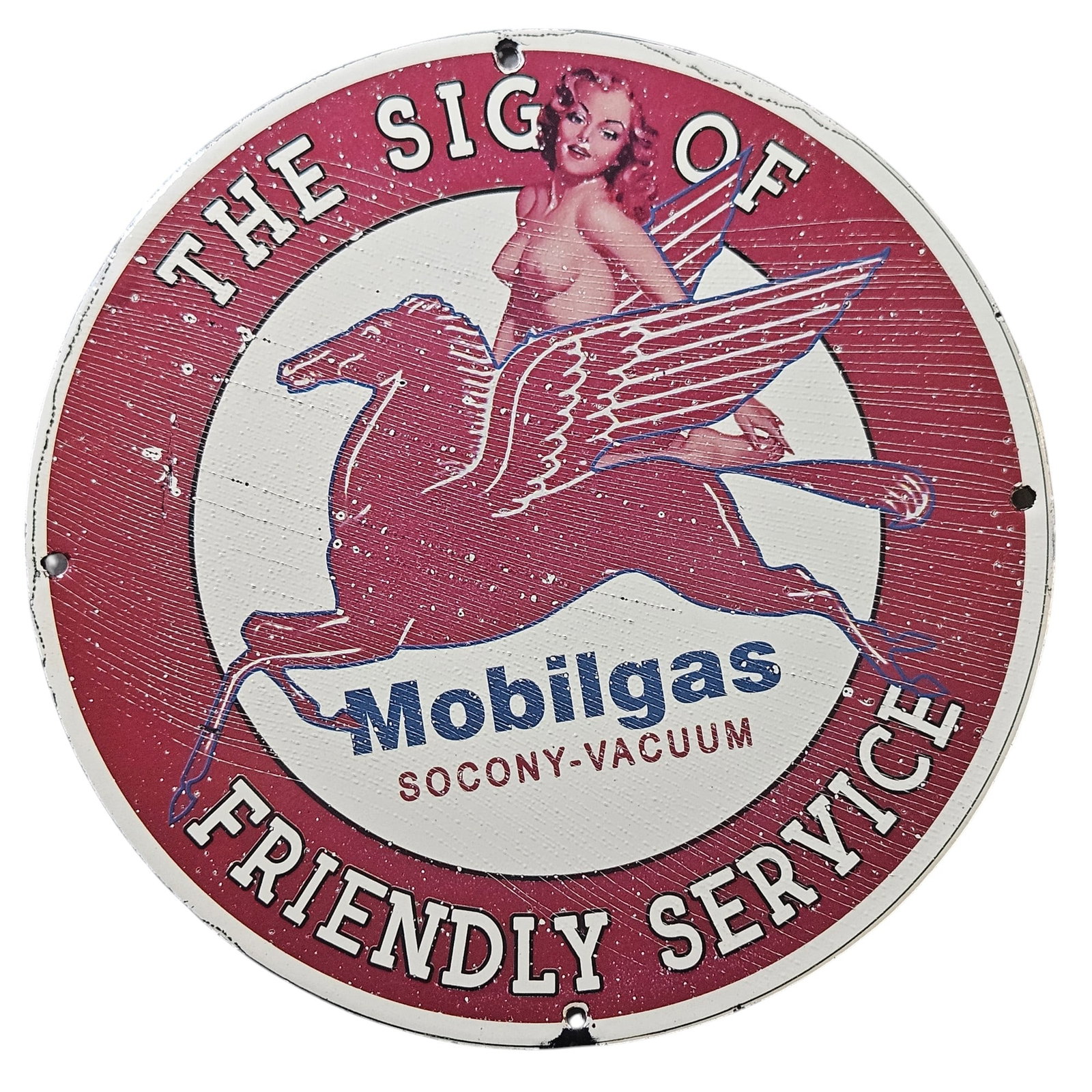 73. Vintage Mobilgas Porcelain Sign with Pegasus and Pin-Up Art - Collector's Item: This stunning vintage Mobilgas porcelain sign, featuring the iconic Pegasus and classic pin-up art, represents a unique piece of Americana and a significant collectible for vintage advertising enthusi