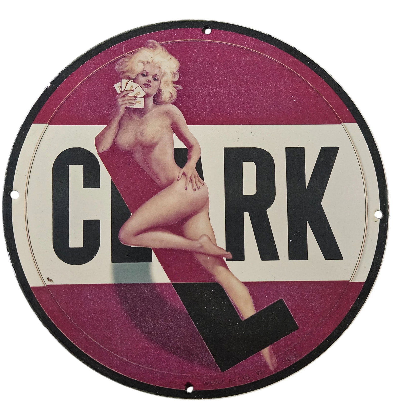 77. Vintage Porcelain Advertising Sign Featuring Pin-Up Girl - Collectible Decor: This captivating vintage porcelain sign, a true testament to mid-century advertising artistry, features a stunning illustration of a pin-up girl accentuated by its distinctive color palette and retro 