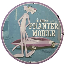81. Vintage 1969 Porcelain Sign: The Phanter Mobile Featuring the Iconic Pink Panther