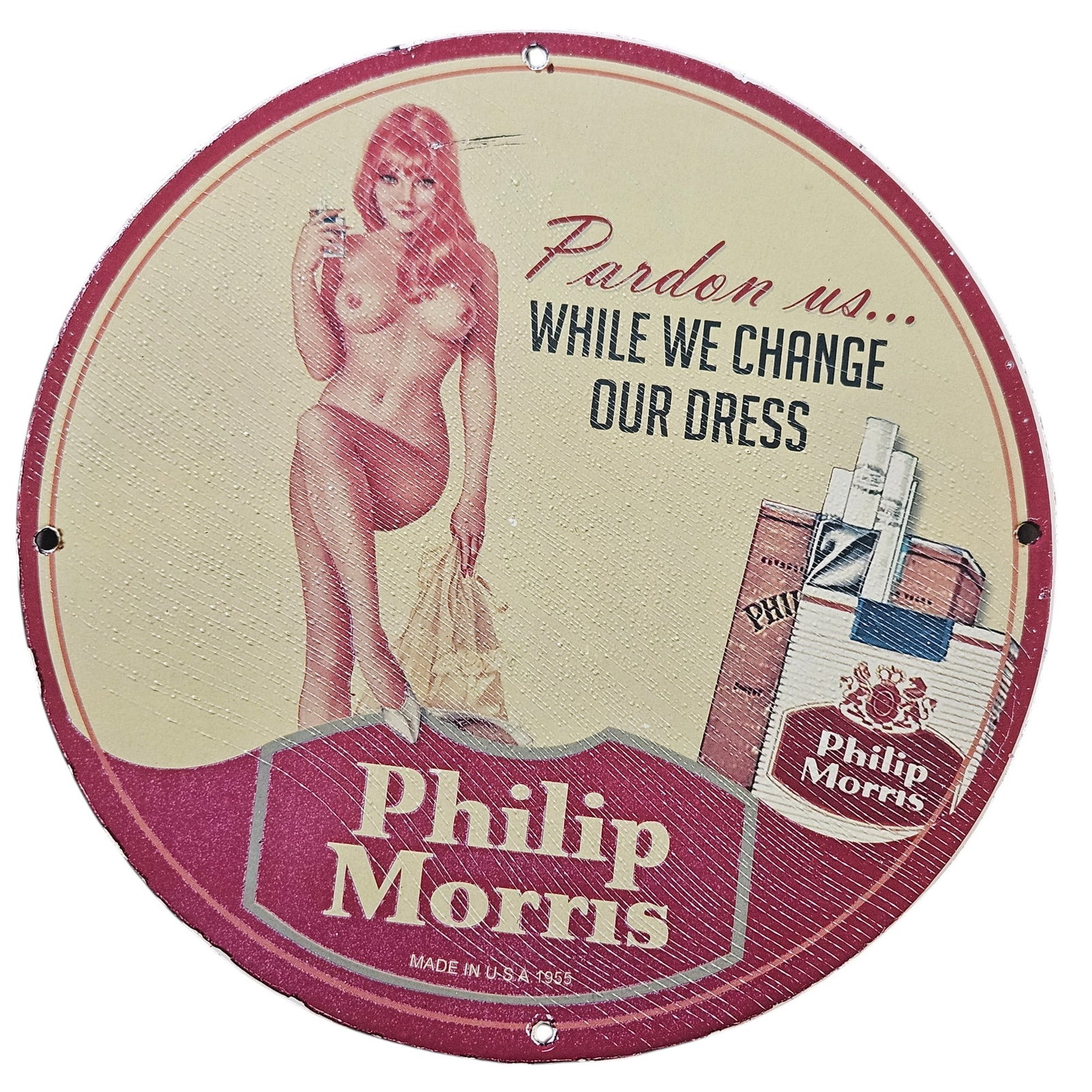 82. Vintage Philip Morris Porcelain Sign Featuring Retro Art - 1955: This stunning vintage porcelain sign from 1955 showcases the iconic Philip Morris branding, featuring a provocative and nostalgic illustration that captures the essence of mid-20th-century marketing. 