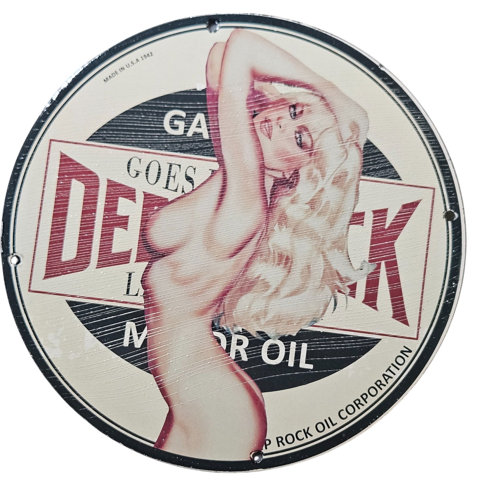 83. Vintage Porcelain Sign - Gorgeous Lady for DEER PARK Motor Oil - Collectible 1942: Discover an exceptional piece of automotive history with this stunning vintage porcelain sign featuring the alluring art of a beautiful lady promoting DEER PARK Motor Oil. Manufactured in 1942, this e