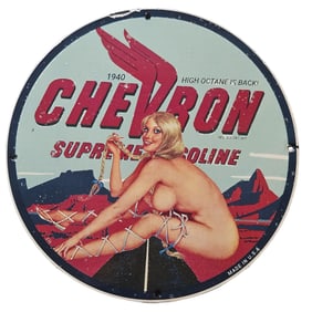 84. Vintage 1940 Chevron Supreme Gasoline Porcelain Sign with Classic Art Style