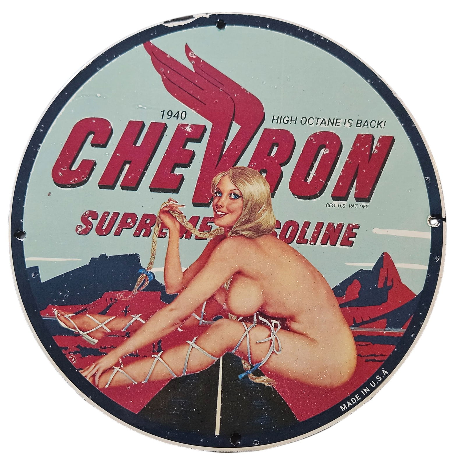 84. Vintage 1940 Chevron Supreme Gasoline Porcelain Sign with Classic Art Style: Discover a rare gem from the past: this stunning 1940 Chevron Supreme Gasoline porcelain sign. This piece of advertising art is not only a striking visual representation of mid-20th century American c