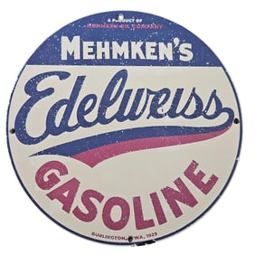 90. Vintage Mehmken's Edelweiss Gasoline Porcelain Sign - Rare 1929 Collectible