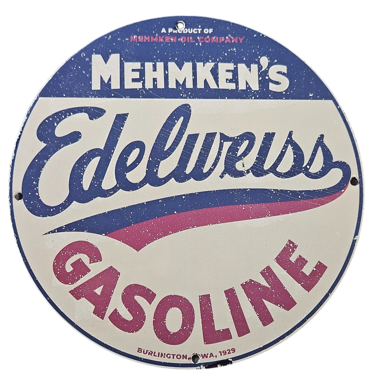 90. Vintage Mehmken's Edelweiss Gasoline Porcelain Sign - Rare 1929 Collectible: This exquisite porcelain sign from Mehmken Oil Company features the iconic brand "Edelweiss Gasoline," a remarkable piece of American gas station history. Produced in 1929 and originating from Burling