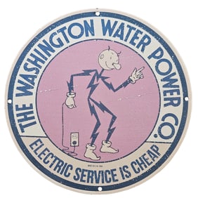 91. Vintage Washington Water Power Co. Porcelain Sign - Cheap Electric Service