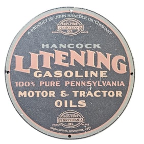 93. Rare 1929 Hancock Litening Gasoline Porcelain Enamel Sign - Pennsylvania Oil