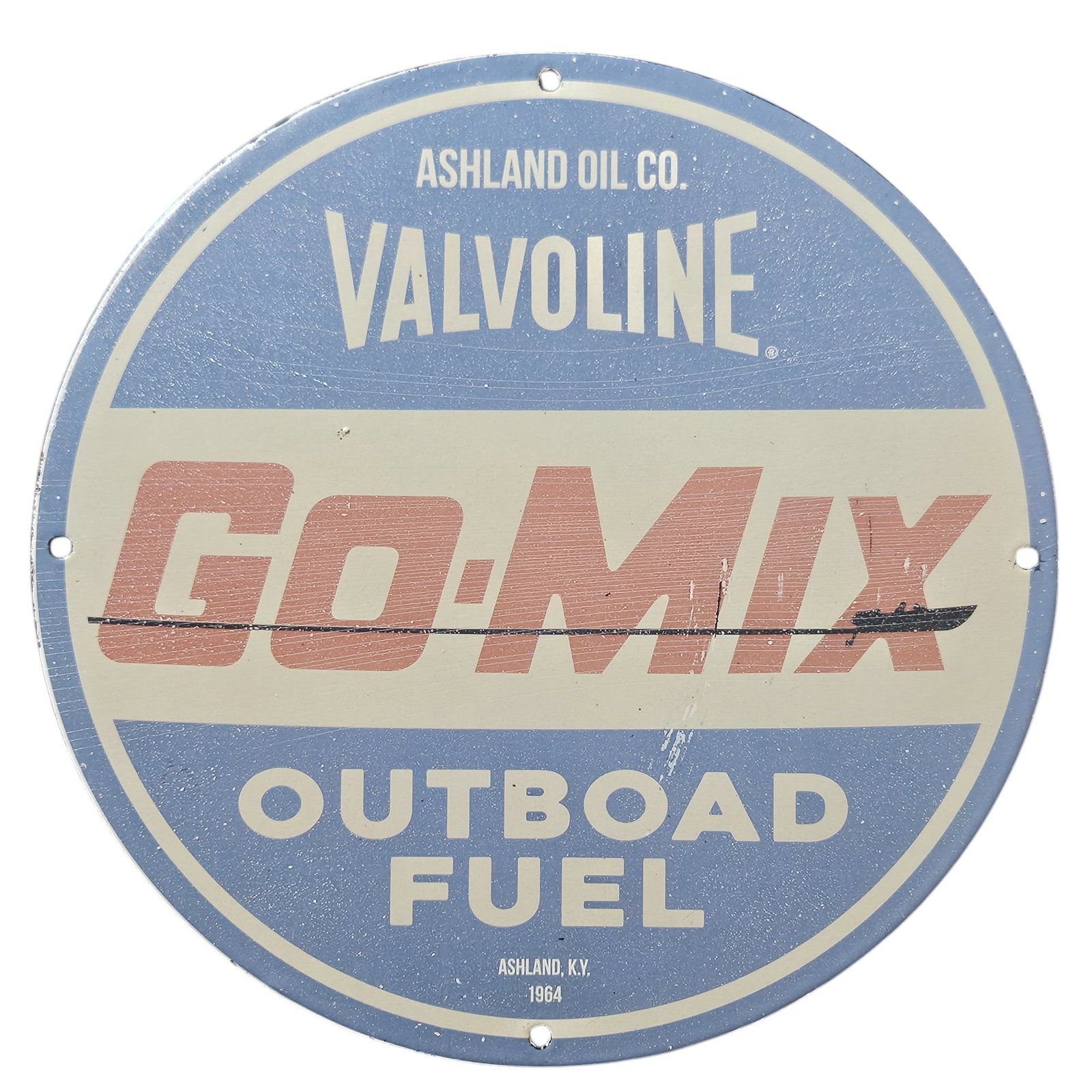 97. Vintage 1964 Valvoline Go-Mix Porcelain Sign - Ashland Oil Co, Outboard Fuel Advertisement: This exquisite vintage porcelain sign, dating back to 1964, features the iconic Valvoline logo and branding for Ashland Oil Co. Measuring approximately 12 inches in diameter, this round sign showcases