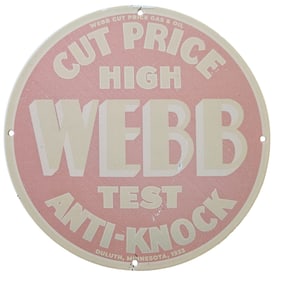 99. Vintage Webb Cut Price Gas & Oil Porcelain Sign ? High Test Anti-Knock, 1933