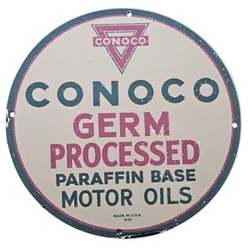 107. Vintage Conoco Germ Processed Porcelain Sign - 1925 Motor Oil Advertising