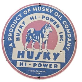 108. Vintage Husky Oil Company Porcelain Sign - Rare 1954 Collectible from Cody, Wyoming