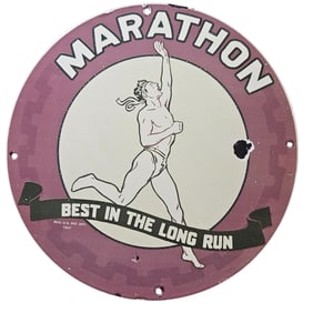 110. Vintage Marathon Porcelain Sign - Best in the Long Run Advertising Collectible