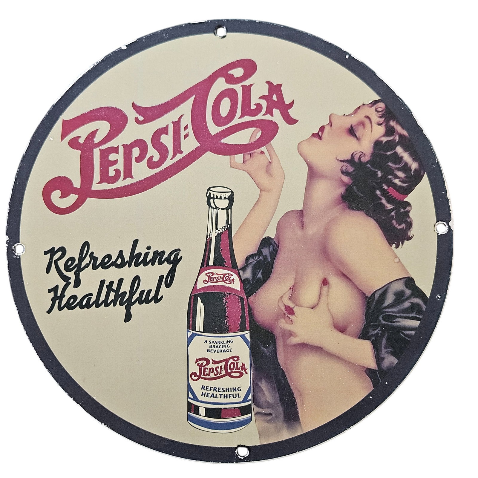 112. Vintage Pepsi-Cola Porcelain Sign: Refreshing & Healthful Advertising Art: This exquisite porcelain sign from the early 20th century is an iconic piece of advertising history, showcasing the beloved Pepsi-Cola brand. Measuring approximately 12 inches in diameter, this round 