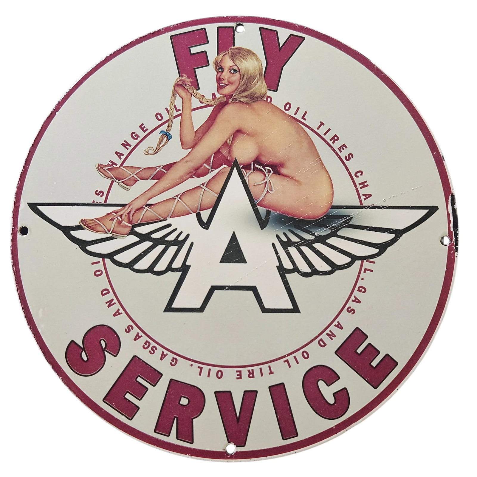 113. Vintage Fly Service Porcelain Sign - Classic Automotive Memorabilia: This stunning vintage porcelain sign is a remarkable piece of automotive memorabilia, ideal for collectors and enthusiasts alike. The sign, featuring a captivating design, prominently displays the wor