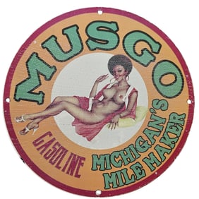 114. Vintage MUSGO Gasoline Porcelain Sign - Michigan's Mile Maker - ns