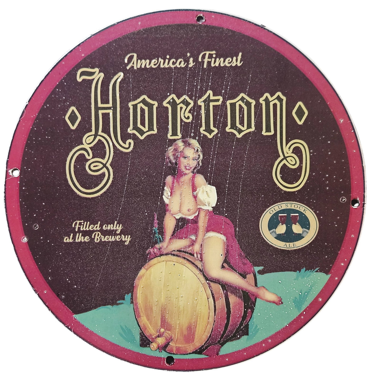 115. Vintage Horton Brewery Porcelain Sign - America's Finest Old Stock Ale: This exquisite vintage porcelain sign from Horton Brewery is a true collector's item that embodies the spirit of America's brewing culture. Measuring 12 inches in diameter, this round sign features vi