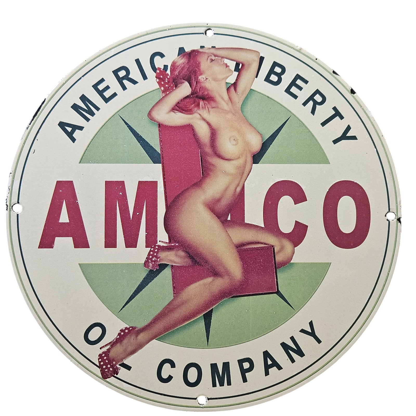 116. Vintage AMICO Oil Company Porcelain Sign with Iconic Pin-Up Design - Rare Collectible: This captivating porcelain sign from the AMICO Oil Company showcases a stunning pin-up design that's sure to catch the eye of collectors and enthusiasts alike. Measuring approximately 12" in diameter,