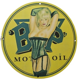 117. Vintage BOP Motor Oil Porcelain Sign with Iconic Pin-Up Girl ? Collectible Memorabilia