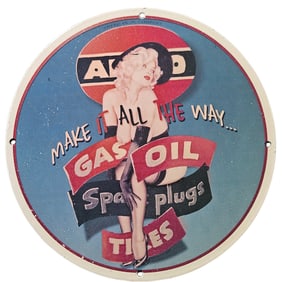 120. Vintage Porcelain Sign: Retro Gas and Oil Advertisement with Glamorous Pin-Up