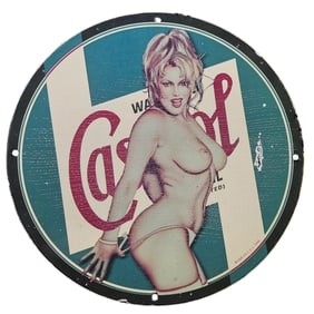 121. Vintage 1950s Castrol Porcelain Sign Featuring Iconic Pin-Up Art - Collectible Decor