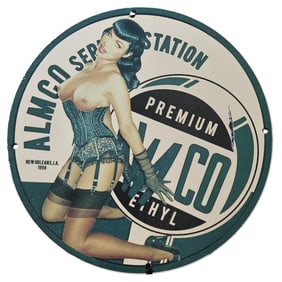 122. 1959 Almco Service Station Porcelain Sign with Vintage Pin-Up Art