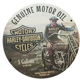 124. Vintage Harley-Davidson Genuine Motor Oil Porcelain Sign - Collectible Biker Memorabilia