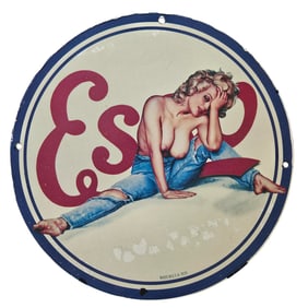 125. Vintage 1934 Porcelain Sign Featuring Iconic Pin-Up Art with 'Es 2' Text