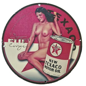128. Vintage Texaco Motor Oil Porcelain Sign - Iconic Pin-Up Art - Collectible Advertising Piece