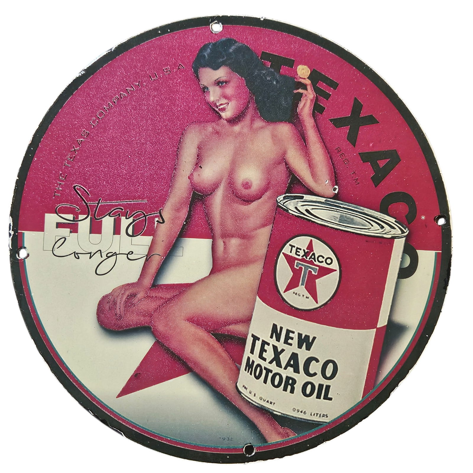 128. Vintage Texaco Motor Oil Porcelain Sign - Iconic Pin-Up Art - Collectible Advertising Piece (1 of 2)