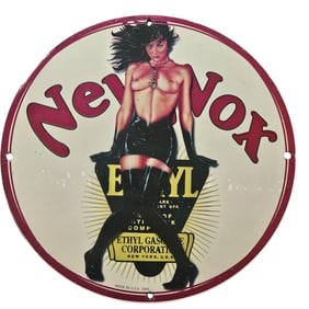 129. Vintage 1935 New Vox Ethyl Gasoline Porcelain Sign with Pin-Up Artwork